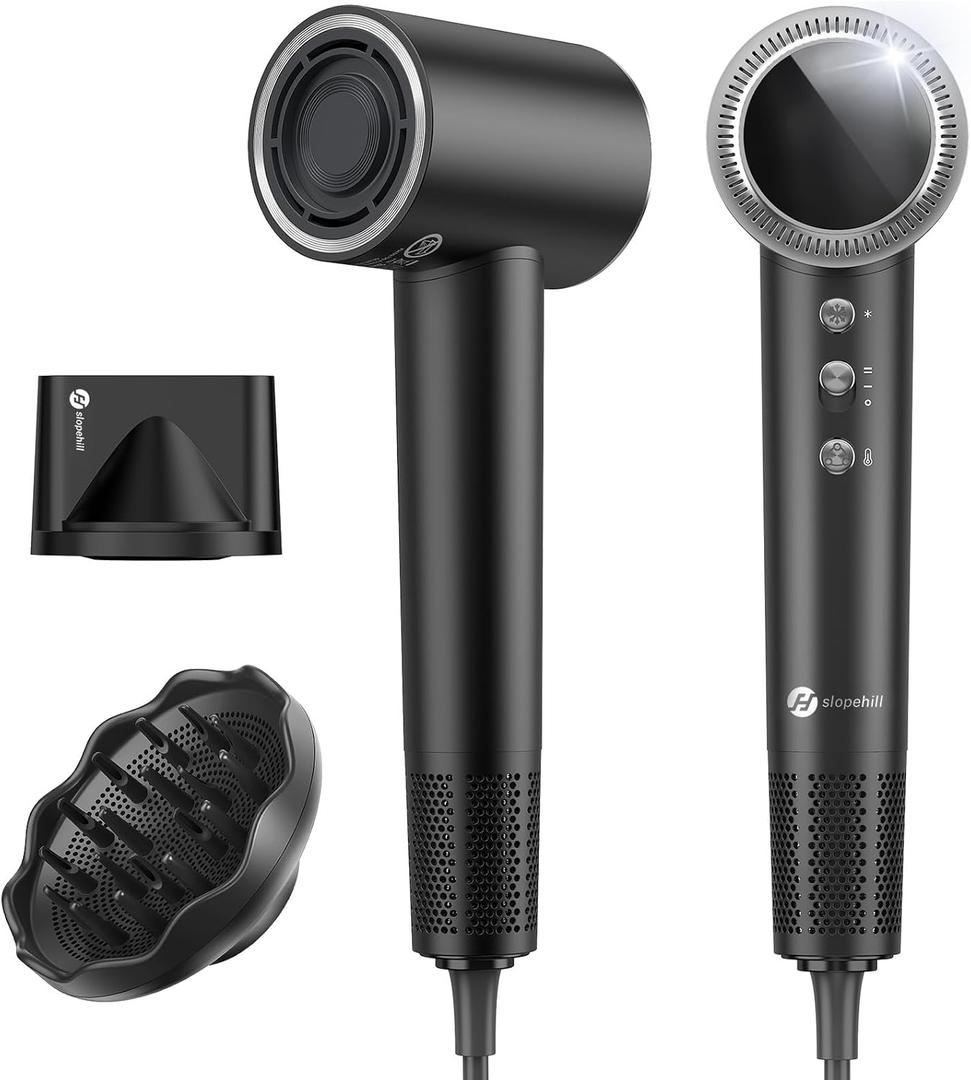 slopehill 110,000 RPM Professional Hair Dryer - 0.8lb Ultra-Lightweight, 2 Billion Ion Technology for 98% Frizz Reduction, AI Smart-Temp Control, Magnetic Attachments for All Hair Types (Dark Black)