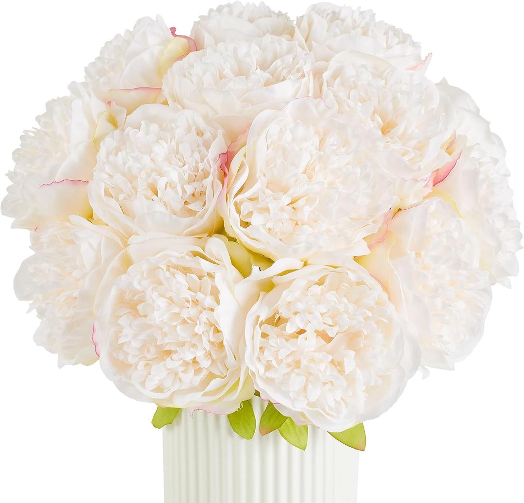 SITUMEIZI 10PCS Artificial Peony Flowers, Real Touch Fake Silk Bouquet with Stems for Home Mothers Day Wedding Party Centerpieces Table Decoration Indoor(Ivory White)