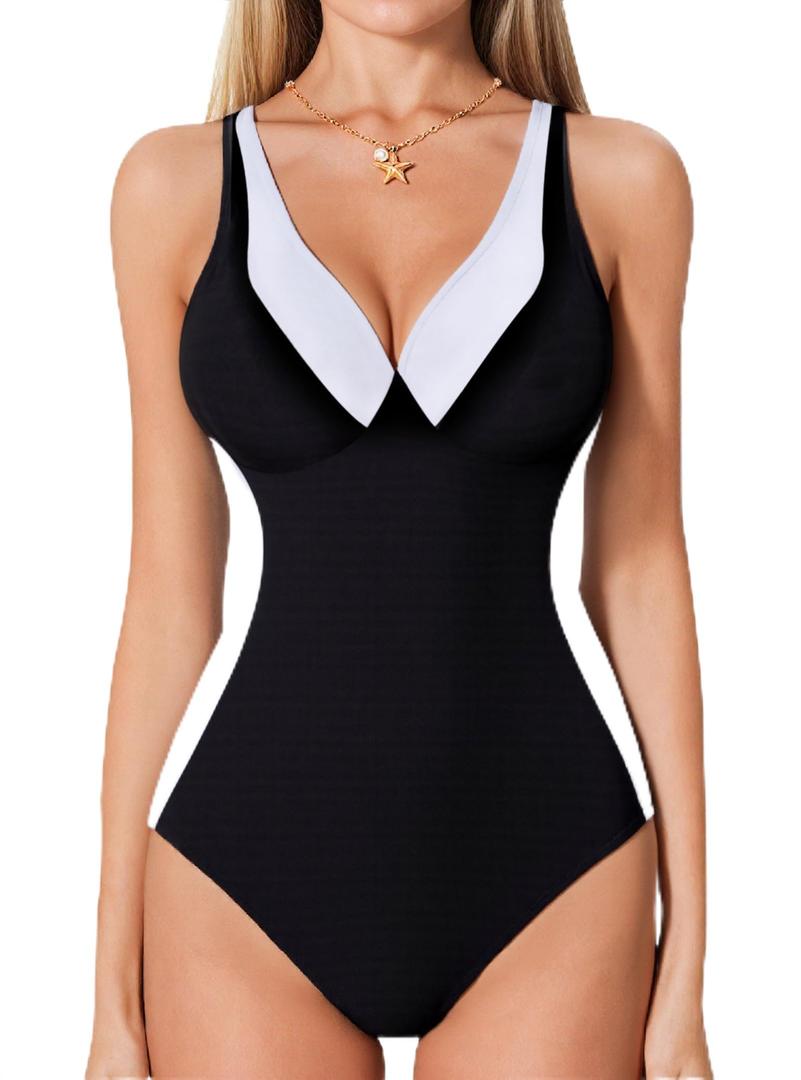 Smismivo Tummy Control Swimsuits for Women Slimming One Piece Bathing Suit Curvy Retro Vintage 2025 Color Block Swim Suit Push Up Ruched Full Coverage 1 Pieces Sexy Long Torso Swimwear Black White XL (XL)