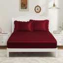 P Pothuiny 3-Piece Set Ruffle Satin Pillowcases & Twin Fitted Sheet, Luxury Burgundy Satin Fitted Sheet Silky Soft Cute Bedding Bedroom Dorm Decor, Wrinkle Free, 15 Inch Deep Pocket