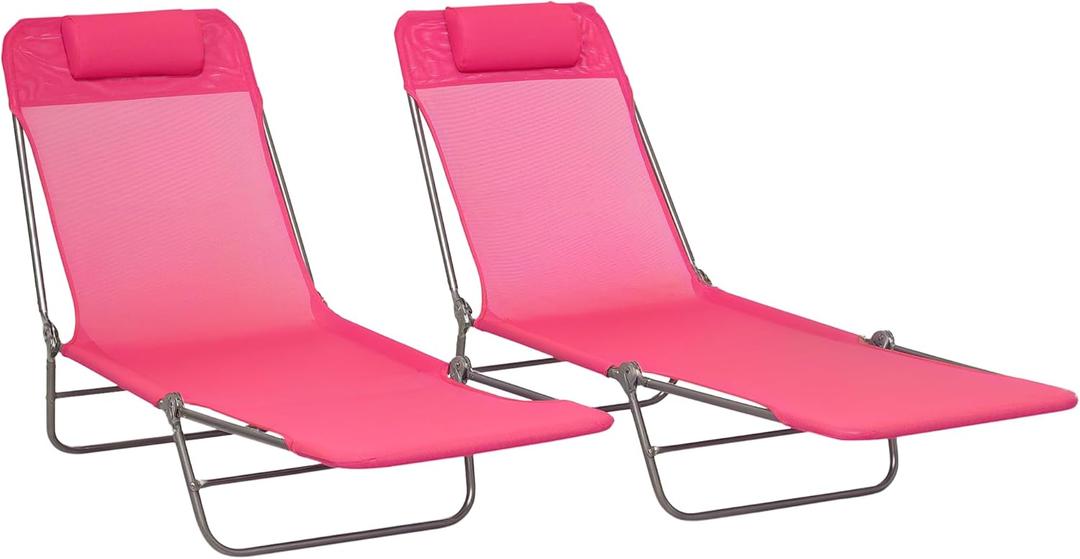 Outsunny 2 Piece Folding Chaise Lounge Chairs, Pool Sun Tanning Chairs with Reclining Back, Breathable Mesh Seat, Headrest for Beach, Yard, Patio, Pink