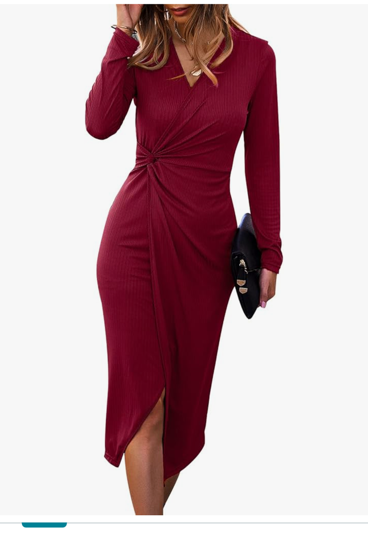 SHIBEVER Women's Long Sleeve Dress: Midi Casual V Neck Twist Waist Ribbed Knit Bodycon Slit Cocktail Party Dresses, Size XL