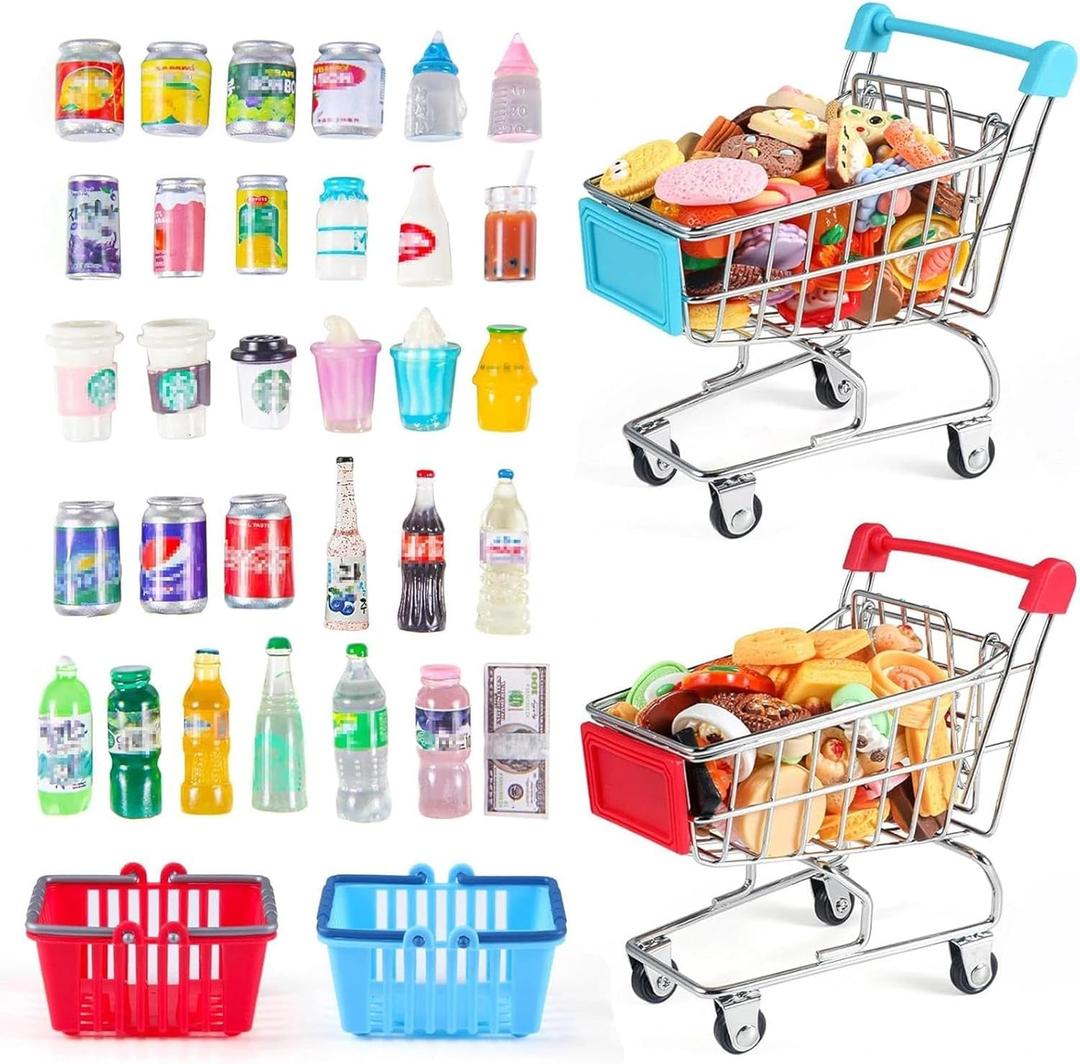 134pcs Mini Shopping Cart Basket Miniature Food Drink Bottle Supermarket Metal Handcart Toys Doll House Store Cosplay Game Dollhouse Grocery Fruit Cake Bread Party Trolley Model Dollar Bills