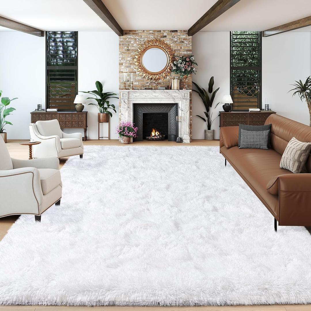 White Fluffy Rugs for Living Room Bedroom, 9x12 Shaggy Area Rug