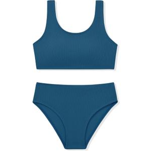 Girls Two Piece Swimsuits Ribbed Bikini Sets Swimming Bathing Suit Beach Sport Athletic Teen Girls Swimwear (13-14 Years, Malachite Green)