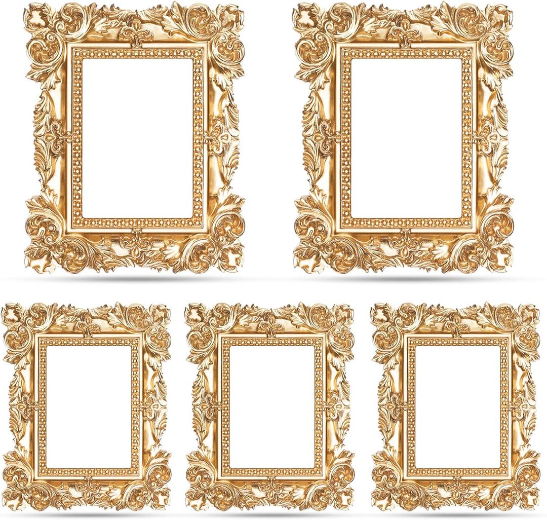Geelin 5 Pcs Mini Gold Frames Set Vintage Resin Picture Frames Small Baroque Antique Gold Photo Display For Christmas DIY Photography Holiday Decoration, Without Glass or Backing(Classic Rectangle)