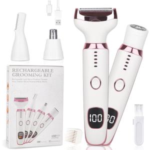 Electric Razors LED Display for Women Men, 2025 Wet/Dry Lady Shaver,4 in 1 Cordless Hair Remover with IPX7 Waterproof,Smooth & Silky Portable Bikini Electric Grooming Set (Pink & White)