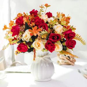 LESING Artificial Fake Flowers with Vase Silk Artificial Roses Wedding Flowers Bouquets Home Office Party Meeting Room Decoration (Red1)