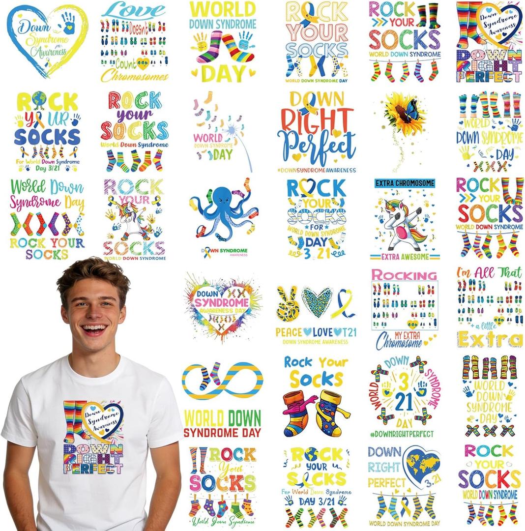 Dazoratix DTF Transfers Ready to Press - 30 Sheets World Down Syndrome Day Awareness Heat Patches Bulk Blue Yellow Ribbon Socks Stickers Vinyl for T Shirts Clothes Pillow Bag Hat DIY Crafts Decoration