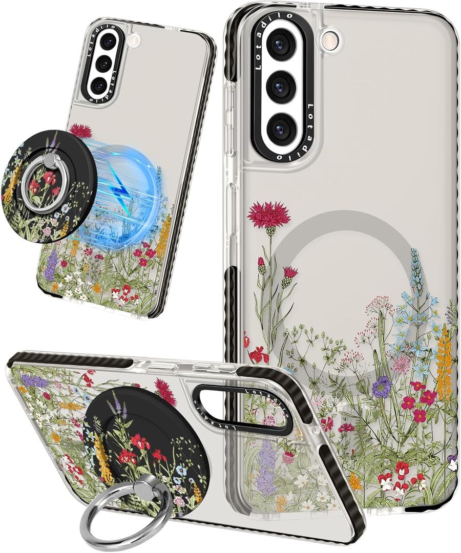 Lotadilo Cute Case for Samsung Galaxy S22 for Women Girls - Funny Design Compatible with Magsafe Magnetic Ring Holder Kickstand Art Flower Grass Fashion Pattern TPU Phone Covers