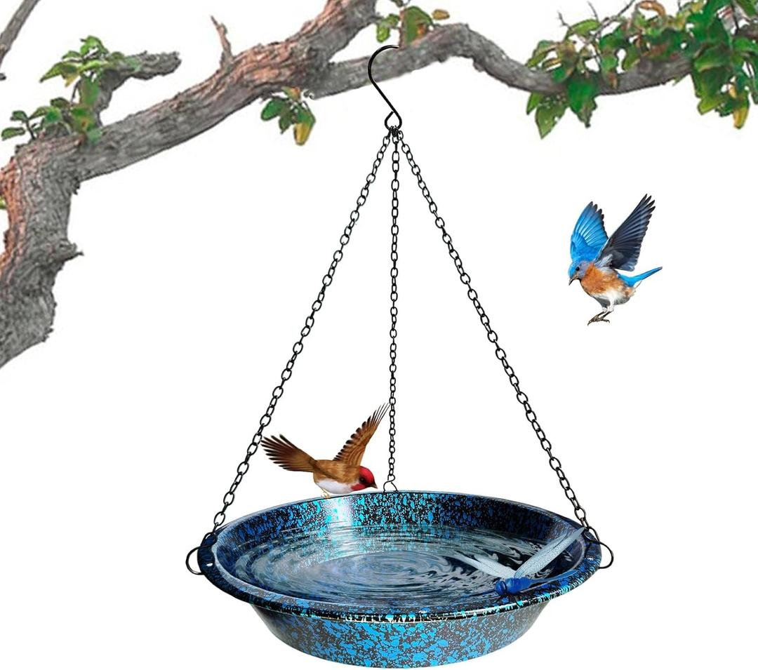 Hanging Bird Bath for Outdoors 11.4 inch Birdbath Bowl Window Birds Feeder with Rust-Proof Black Chains Hooks Metal Hanging BirdBaths Hanging Bird-Feeder for Garden Backyard Decor Blueblack