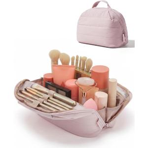 BAGSMART Travel Makeup Bag for Women, Portable Fold-down Cosmetic Case, Puffy Padded Make Up Organizer Pouch, Water-resistant Toiletry Bag for Toiletries, Brushes (Baby Pink)