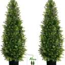 Aveyas 4ft Artificial Cedar Topiary Trees for Outdoor Front Porch Door, 4 Feet Faux Potted Plants Evergreen Fake Pine Cypress Tree for Outside Home Decor (4 ft Tall) - Set of 2 Pack