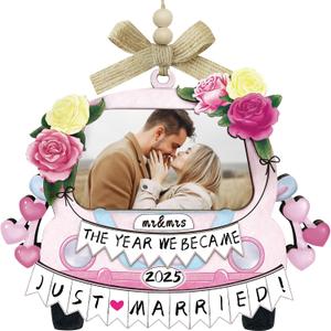 Just Married Ornament Photo Frame - Wedding Gifts for Couples 2025, Bridal Shower Gifts for Bride Newly Wed, Personalized Mr and Mrs Wooden Christmas Ornament with Picture