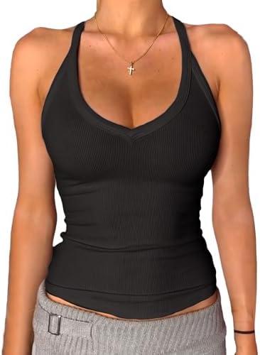 Danysu V Neck Racer Back Tank Top for Women Padded Ribbed Long Tank Fitted Basic Cami Tops Size XL