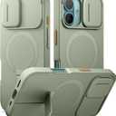 SURITCH for iPhone 16 Case with Magnetic Camera Slide Cover and Adjustable Kickstand, Compatible with MagSafe, Shockproof Bumper Case Slim Protective Cover 6.1 Inch, Green