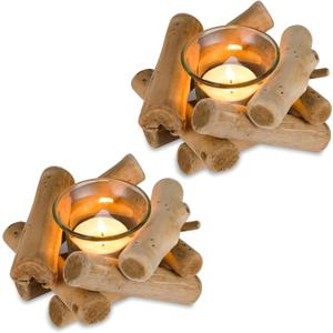 2Pcs Handmade Wooden Tea Light Candle Holder with Glass Cup Rustic Country Coastal Style for Farmhouse Home Decoration Home Altar Decoration Holoday Wedding Decoration