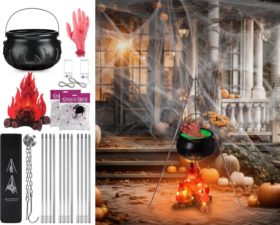 9 Pcs Large Witches Cauldron Halloween Decor Set Cauldron on Tripod with Spider Webs Fake Fire String Lights Fake Hand for Halloween Indoor and Outdoor Party Supplies