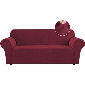 Flamingo P High Stretch Sofa Cover 1 Piece Machine Washable Spandex Jacquard Checked Pattern Fabric, Wine, Sofa