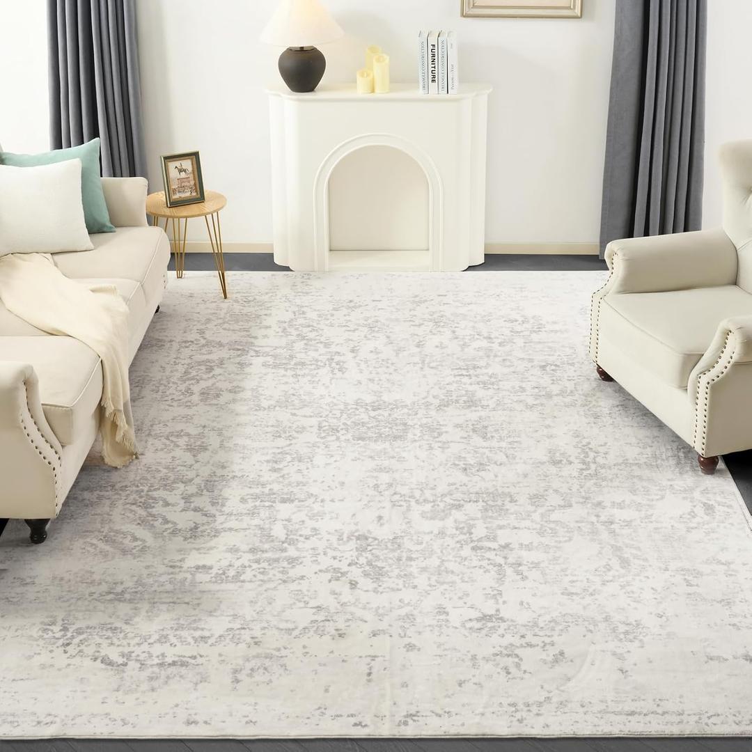 Washable Rug 8x10 for Living Room - Stain Resistant Urtla Thin Area Rugs with Non Slip Rubber Backing - Indoor Floor Carpet for Dining Room Home Office Dorm Neutral Grey/White (8' x 10' (Rectangular))