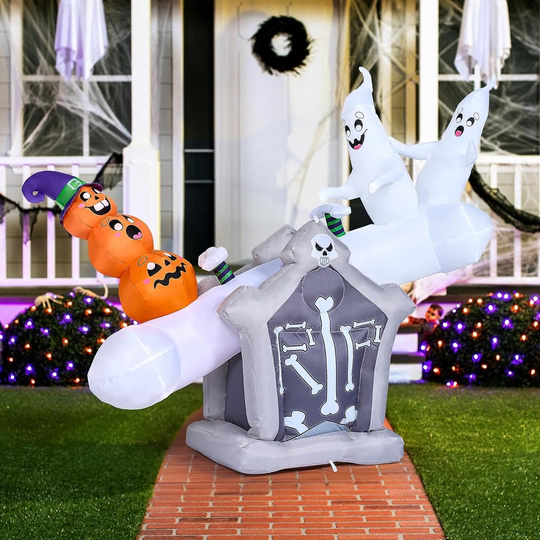 Joiedomi 6 FT Long Animated Halloween Inflatable Outdoor Decoration, Ghost Inflatable Halloween Decor Outdoor, Blow Up Ghost Playing Seesaw for Yard Decoration, Outside Decor