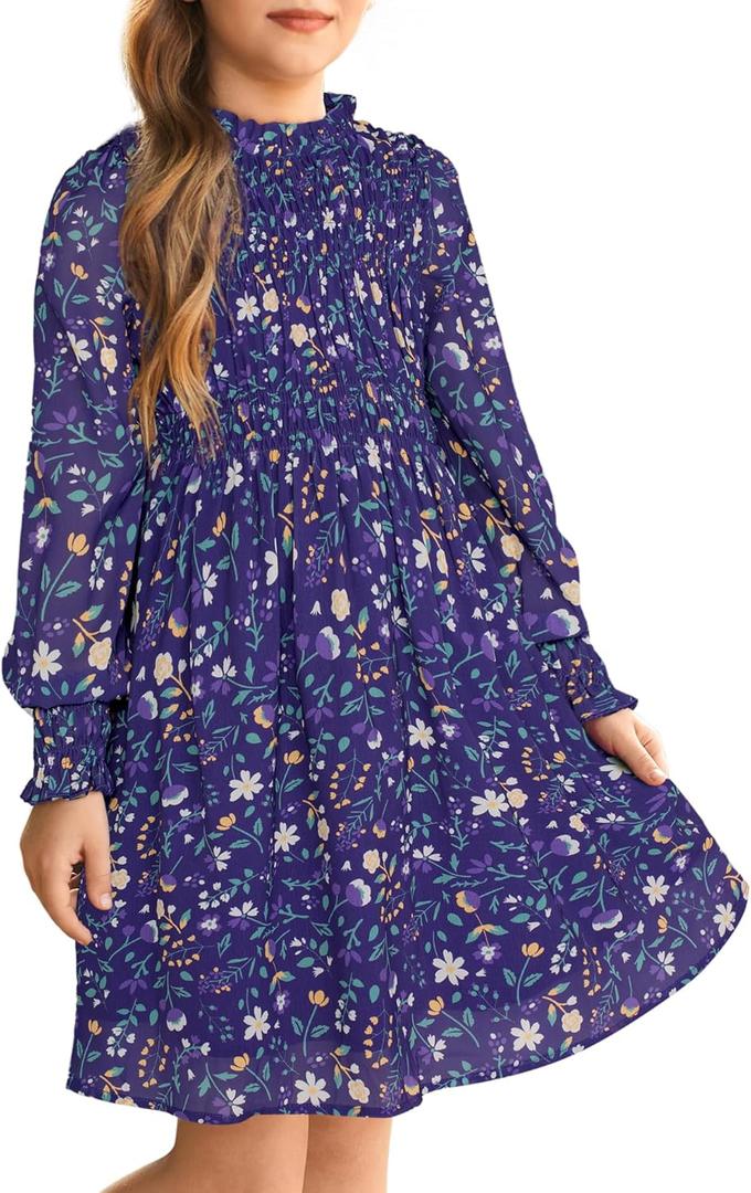 GRACE KARIN Girls' Spring Long Sleeve Dresses Kids Floral Winter Formal Dress Girl Casual Fancy Midi Clothes Size 6-14 (12-14 Years, Purple Flower)