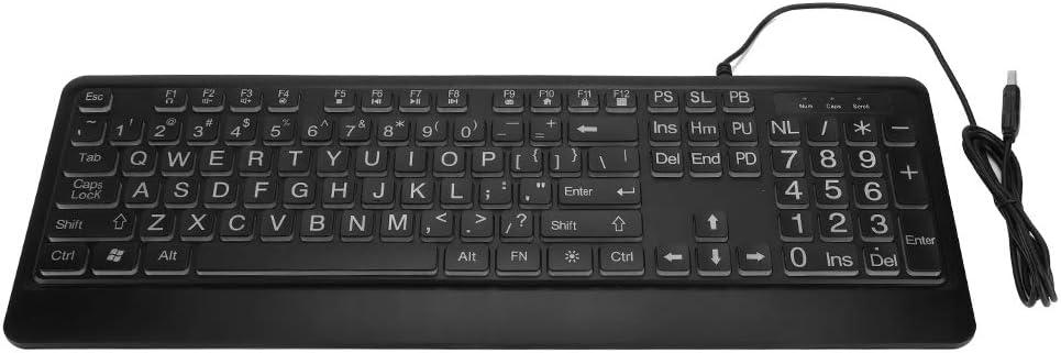 Ergonomic USB Multimedia Keyboard with White LED Backlight, Large Thickened Font for Seniors and Visually Impaired, Comfortable Non Slip Texture, 12 Multimedia Controls