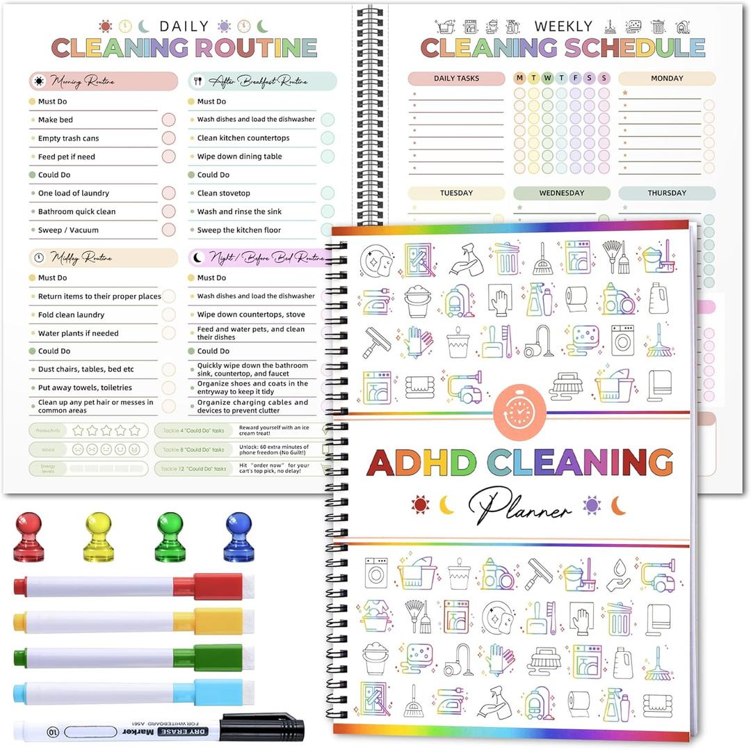 Adhd Cleaning Planner - Reusable Adhd Cleaning and Organizing Planners Adhd Cleaning Planners for Adults Women Tidy Minds ADHD Planner Bundle Cleaning Schedule and Checklist Daily Weekly Monthly 2026 (multicolour)