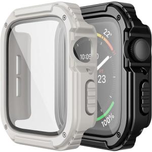 Adepoy 2 Pack Rugged Case Compatible for Apple Watch 44mm Series SE/6/5/4 with Tempered Glass Screen Protector, Military All Around Hard TPU Protective Cover Case Shockproof Bumper for iWatch Men 44mm (Black/Starlight)