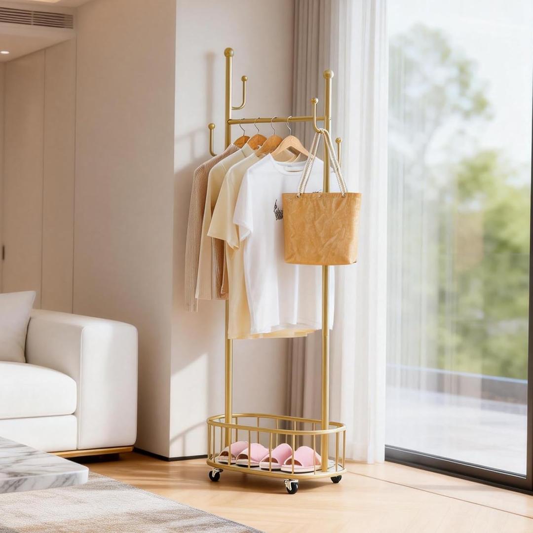 Free Standing Rolling Clothes Rack with Wheels Coat Rack - Golden, 13.78"D x 24.64"W x 7.87"H
