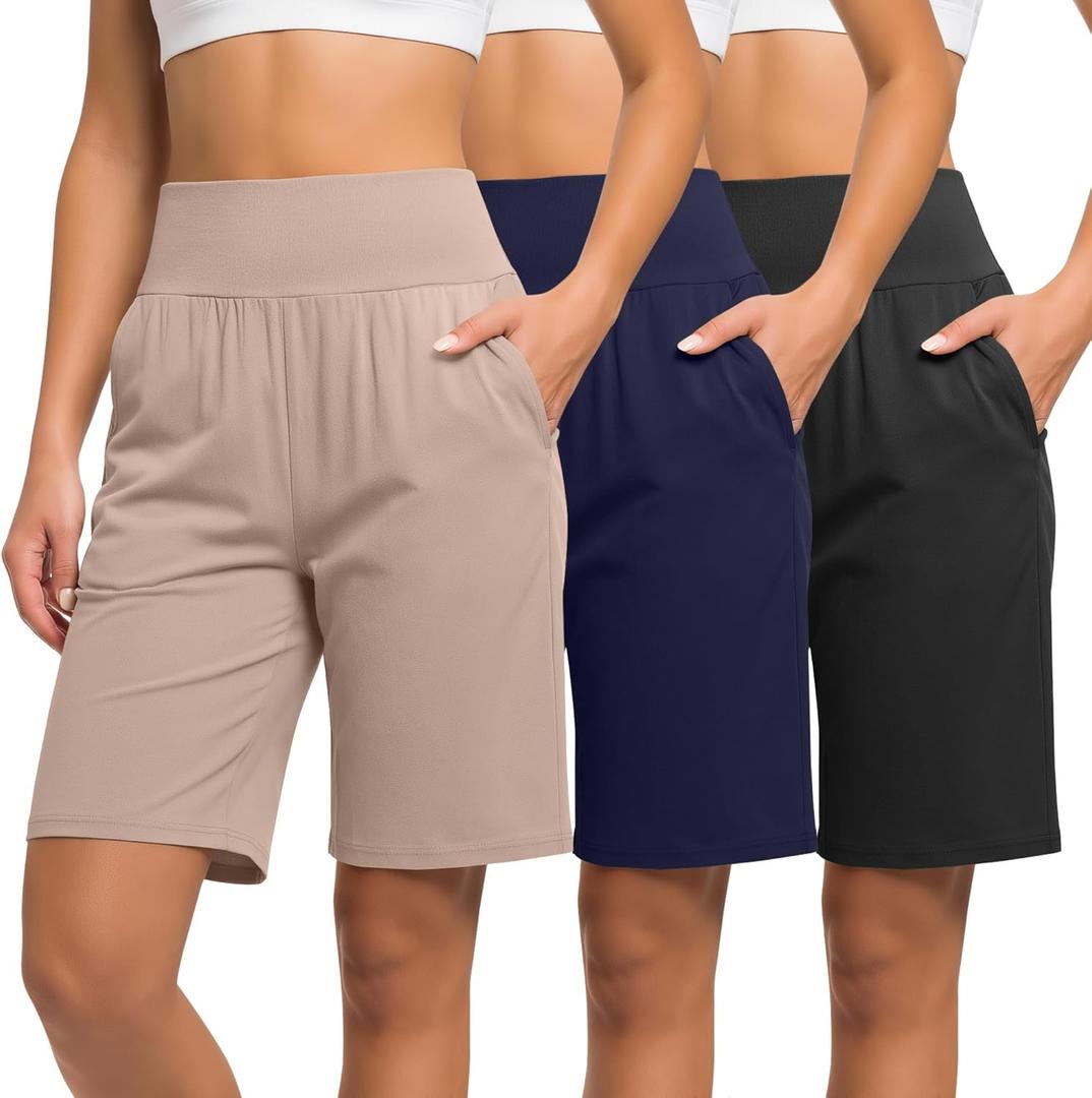 Neer 3 Pack Women's Bermuda Shorts, High Waist Basic Stretch Casual Bottoms Knee Length Summer Athletic Short with Pockets (Medium, Black, Dark Blue, Khaki)