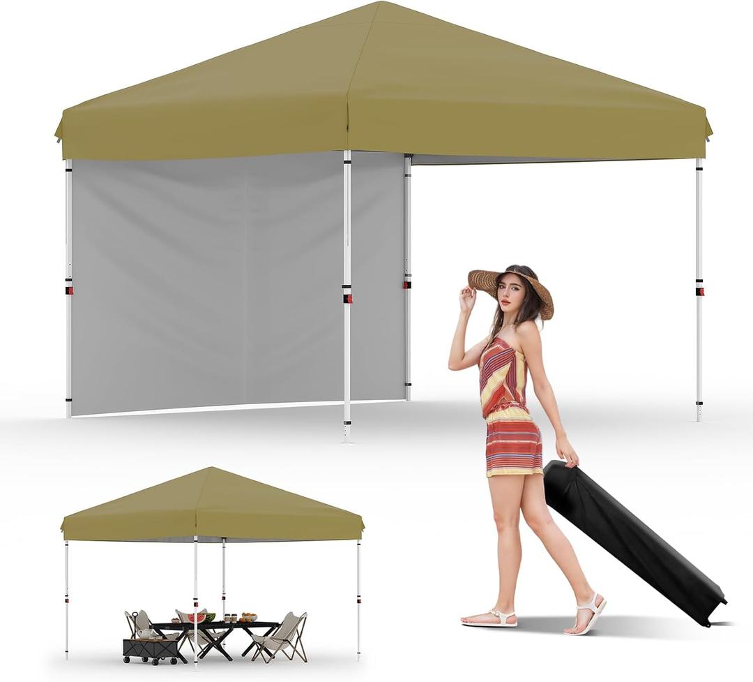 GarveeLife 10x10 Pop Up Canopy with One Sidewalls Easy Up Camping Tent with One Button Push Setup 1 Roller Bag 3 Adjustable Height 4 Weight Bags (Khaki)
