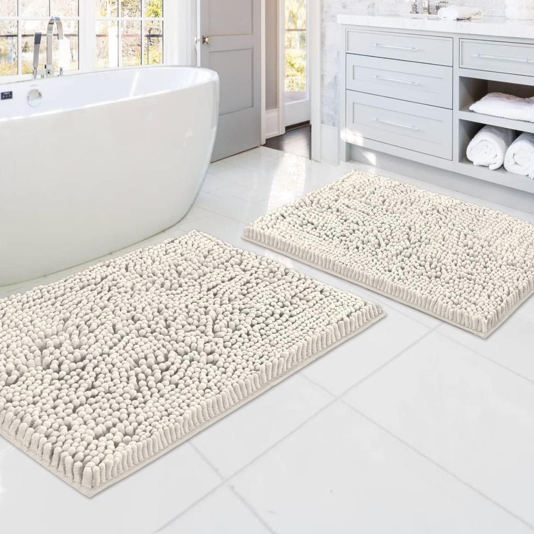 H.VERSAILTEX Bathroom Rugs, Bath Mats Non Slip Luxury Chenille Extra Soft Absorbent Shaggy, Washable Fast Dry Sets 2 Piece for Bathroom (Ivory, 20" x 32"/17" x 24")