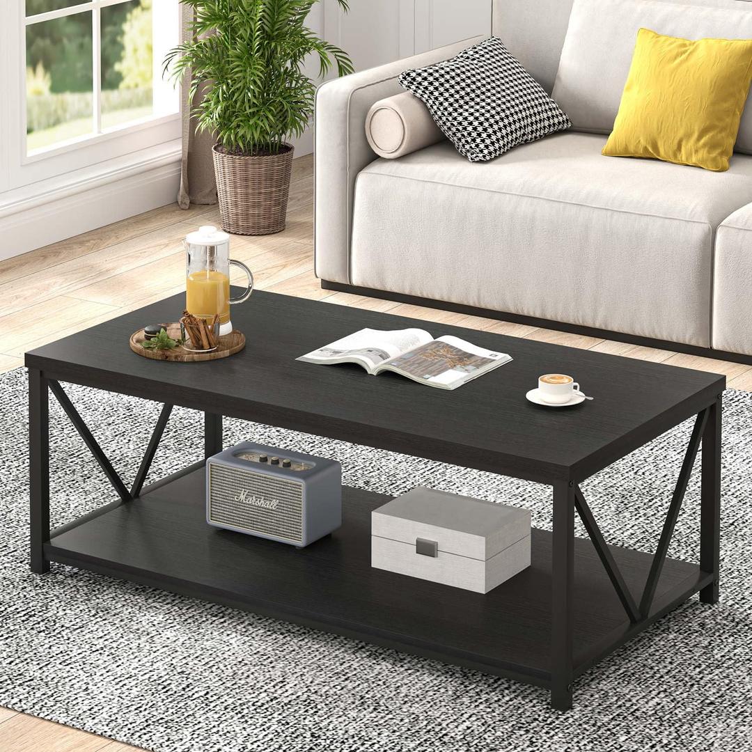 EXCEFUR Black Coffee Table, Modern Wood and Metal Living Room Table with Storage Shelf, 47 Inch