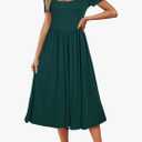 Newshows Women's Summer Square Neck Ribbed Knit Short/Long Sleeve A Line Flowy Midi Dress with Pockets, Size: S