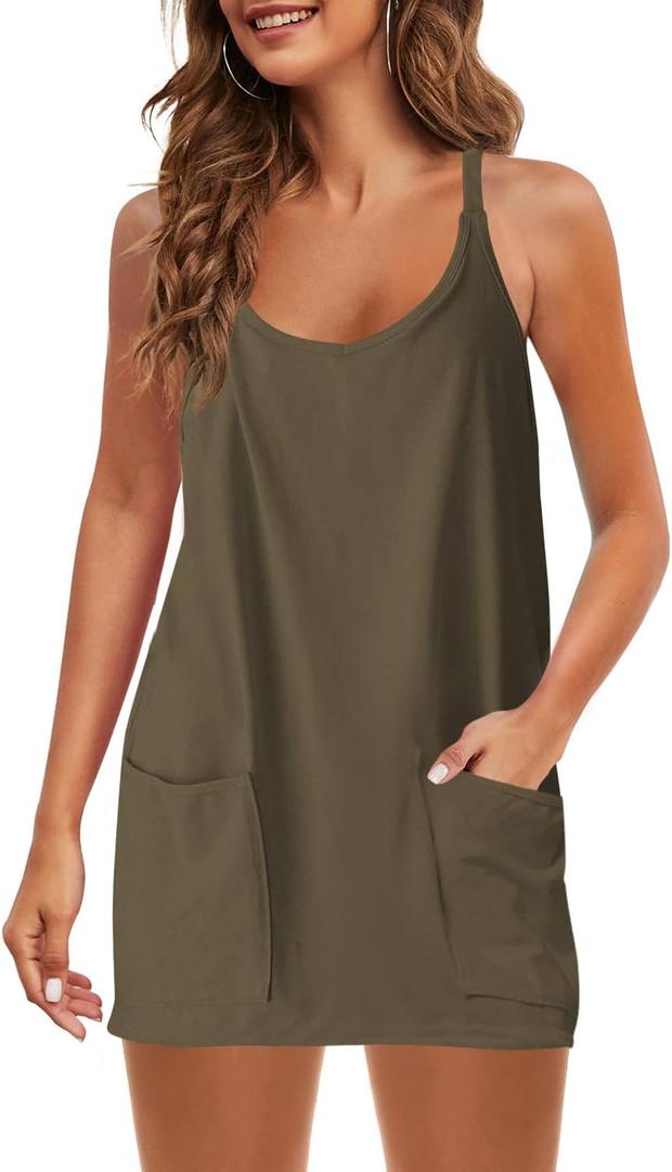Panadila Womens Summer Sleeveless Mini Dress V Neck Spaghetti Strap Sundress Athletic Short Dress with Pockets, Size M