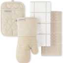 KITCHENAID Quilted Cotton Terry Cloth Oven Mitt, Pot Holder, Kitchen Towel 4-Pack Set, Heat Resistant, Silicone Grip, 16"x26", 7"x13" & 7"x10", Milkshake