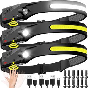 Headlamp Rechargeable 3PCS, 230° Wide Beam Head Lamp LED with Motion Sensor for Adults - Camping Accessories Gear, Waterproof Head Light Flashlight for Hiking, Running, Repairing, Fishing, Cycling