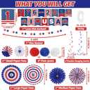 3 x 4th of July Decorations Set – USA 250th Anniversary Patriotic Red White Blue Paper Fans, Banner, Pom Poms & Hanging Swirls for Independence Day