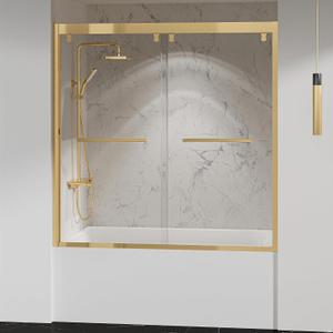Bathtub Double Sliding Door 55-59 in,Semi-Frameless Double Sliding Tub Shower Door,Glass Shower Doors for Tub,with 5/16"(8mm) Clear Tempered Glass,Silent Soft-Close Design,Stainless Steel,Gold