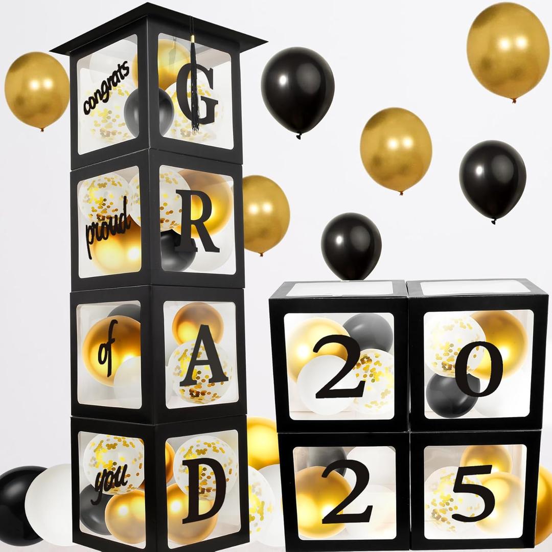 2 x Graduation Decorations 2025 Deals,Balloon Boxes with Grad Cap Topper Black Kit for Graduation Party Decorations Props Backdrop-4Pcs Boxes with Letters Grad Hat Topper Decor-Class of 2025 Party Favors