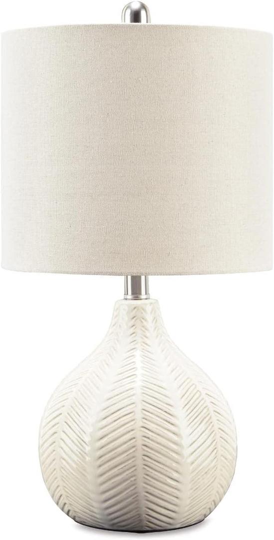 Signature Design by Ashley Rainermen Casual Ceramic Table Lamp, Transparent White Glaze Finish, Drum Hardback Fabric Shade, 11" W x 11" D x 21" H, Off White