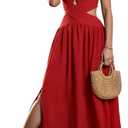 CHICME Women's Sleeveless Halter Neck Red Dress Criss Cross Tie Back Split High Maxi Dress Flowy A Line Ruched Vacation Sundress-Small