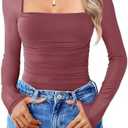 Avidlove Women's Square Neck Mesh Long Sleeve Bodysuit Shirts Ruched Body Suit Sexy Sheer Tops Date Night Outfit XL, Dark Purple Red