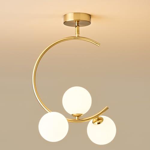 GNGXEFACA Hallway Light Fixtures, 3-Light Gold Semi Flush Mount Ceiling Light Fixture 3 Globe Glass lampshades, for Kitchen, Dining Table, Bedroom, Hallway, Entryway and Balcony