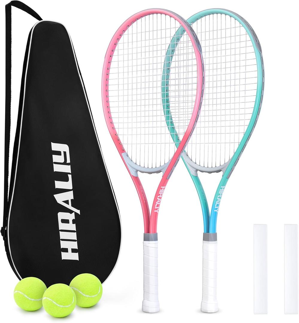 HIRALIY 27" Tennis Rackets Set for Adults, 2 Player Pre-Strung Tennis Racquets, 2 Overgrip Tapes,3 Balls, and 4 Carrying Bag, Outdoor Recreational Sport for Beginner, Men, Women (Pink/Green)