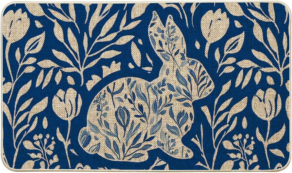 Artoid Mode Blue Rabbit Bunny Flowers Easter Doormat, Home Decor Low-Profile Switch Rug Door Mat Floor Mat for Indoor Outdoor 17x29 Inch
