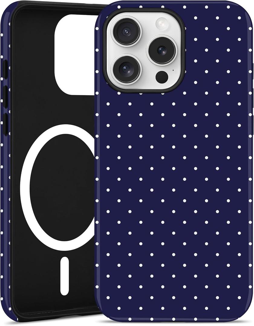 Jusy Compatible with MagSafe Polka Dot Case for iPhone 15 Pro, Cute Aesthetic Polka Dots Magnetic Phone Case, Soft TPU and Hard PC Protective Phone Cover for Women Girls (Matte) - Navy Blue