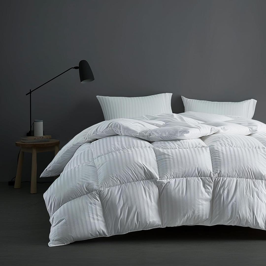 Hotel Grand Luxury White Down Comforter King Size, 600 Fill Power All Season Down Duvet Insert King, 500 Thread Count 100% Cotton Hotel Bedding Comforter with Stripe Pattern, Made in USA 106x90 Inch