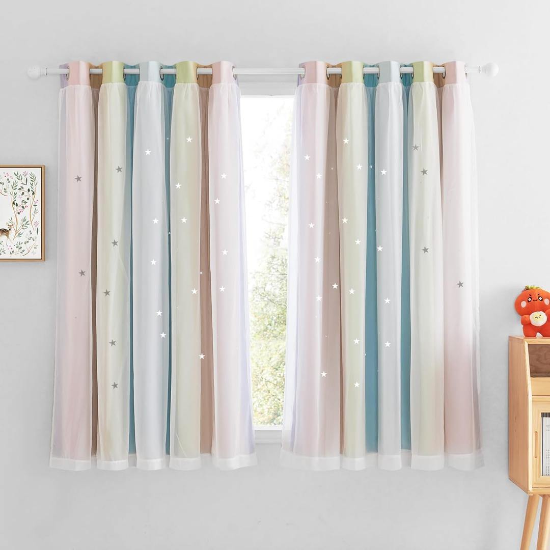 NICETOWN Rainbow Star Cutout Curtains for Girls' Bedroom & Nursery, Extra Wide Sliding Door Curtains, 2 Panels, 70 x 63 inch